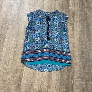DR2 Colorful Paisley Cap Sleeve Summer Blue and Orange Blouse